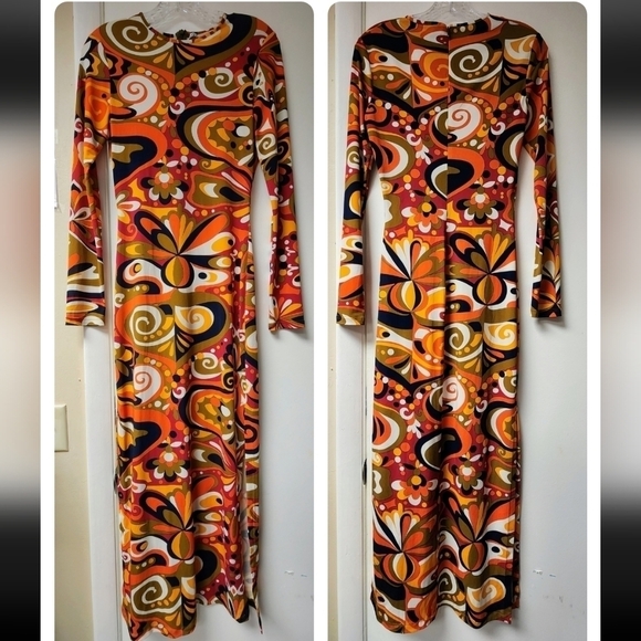 Zara Goovy Multicolored Mod 1970s Style Slit Sides Maxi Dress Long Sleeve Size S - Picture 16 of 16